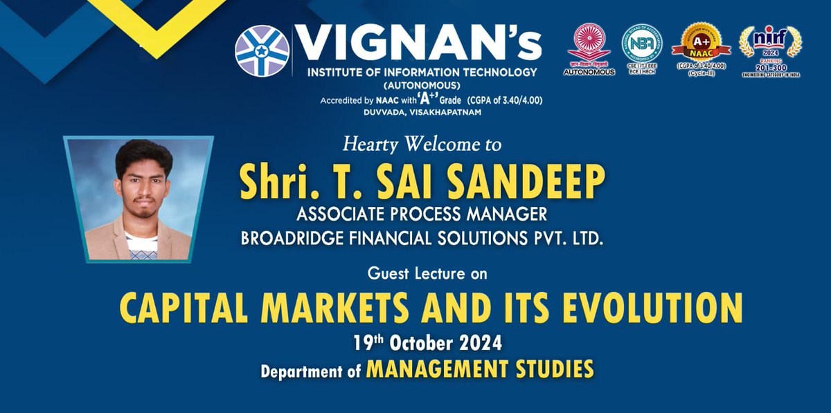 wings_mbavignan's tweet photo. A guest lecture on capital market and it's evolution by our alumni Mr. T. Sai sandeep. He shared his vast experience in the financial sector & the lecture covered by key concepts like primary and secondary markets,securities etc..
#WINGS #MBA #VIGNAN #VIIT #wingsmba #vignanwings https://t.co/oUBRysjMxq
