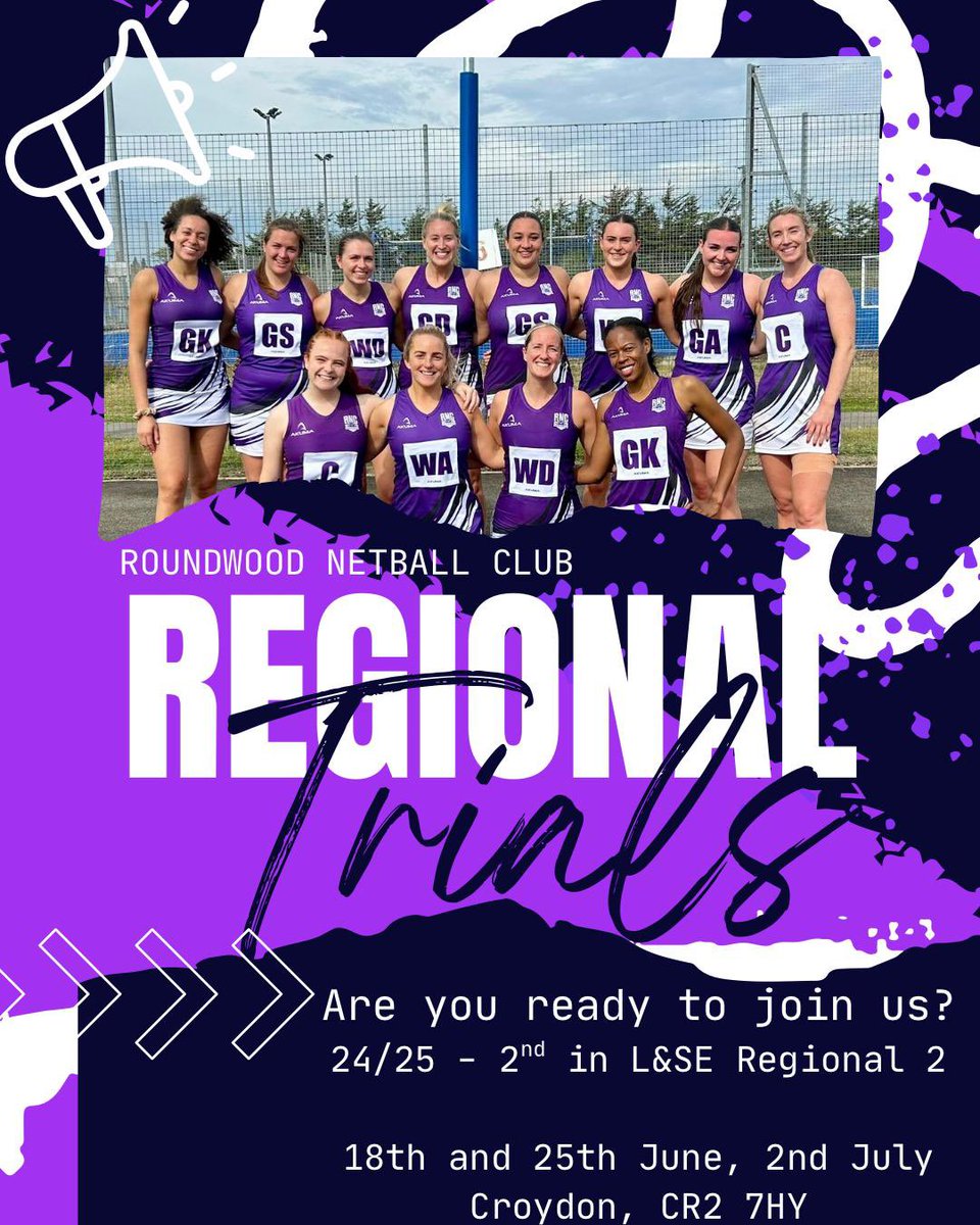 ROUNDWOOD REGIONAL TRIALS 

After another successful season finishing 🥈 in L&amp;SE Regional 2 League, RNC are looking for new players for our Regional team! 

Come to our trials on 18th and 25th June or 2nd July! Get in touch to sign up at roundwoodnetballclub1@gmail.com 💜🤍