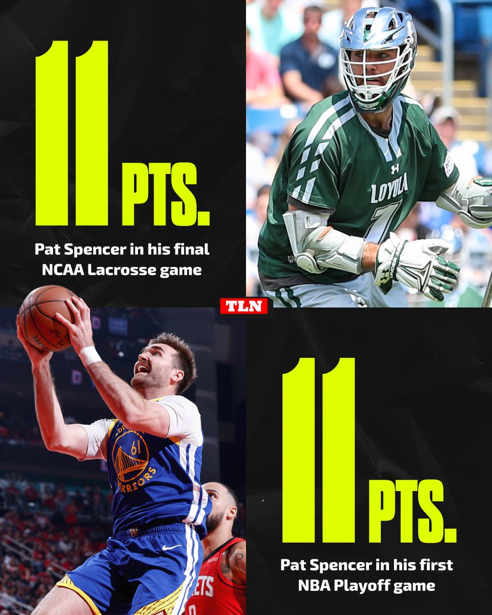 LacrosseNetwork's tweet image. Six years ago, Pat Spencer put up 11 points (6G, 5A) in his final lacrosse game with @LoyolaMLAX...

Last night, he scored 11 points while making his NBA Playoffs debut with @warriors
