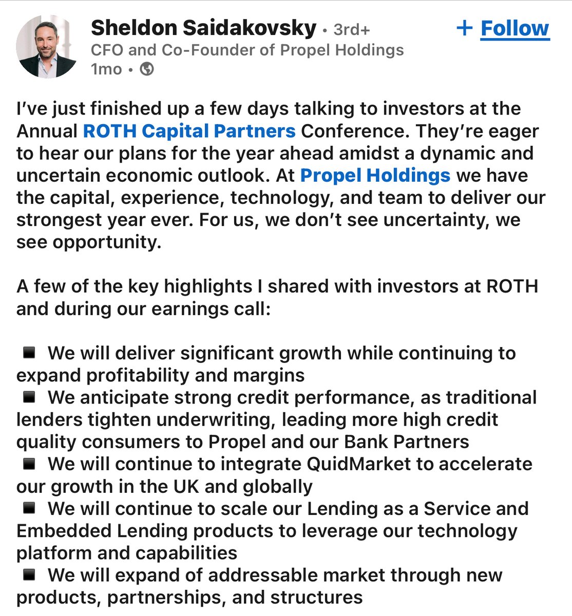billyen22's tweet image. Propel Holdings's CFO wi' very interesting comments..
He likely made a few weeks ago after he saw the 1st QTR. numbers (giving Insto's some nice info)
35-40% Growth on a 15 P.E stock!📈
Easy 2-3 bags here☑️
$PRL.TO $PRLPF #TSX $GSY.to $SHOP.to #investing #stocks #StocksInFocus