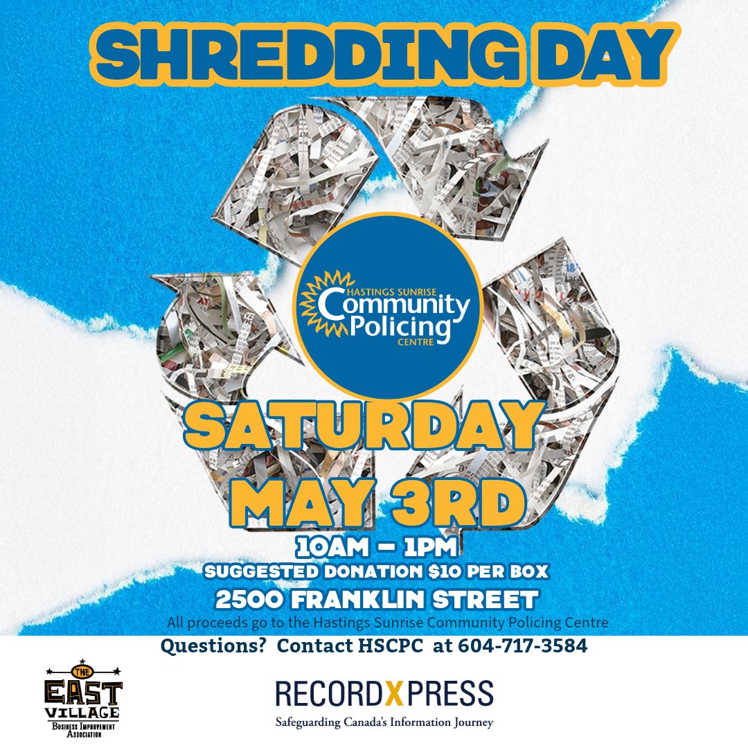 HSCPC (@hastingscpc) on Twitter photo Join us for our annual Shredding Day fundraiser in collaboration with <a href="/eastvillagevan/">East Village BIA</a> and <a href="/RecordXpress/">RecordXpress</a> - Saturday, May 3rd from 10 AM – 1 PM.
📍2500 Franklin Street
Suggested donation: $10 per box
All proceeds go to the <a href="/HastingsCPC/">HSCPC</a> to keep our neighbourhood safe and vibrant! Join us for our annual Shredding Day fundraiser in collaboration with <a href="/eastvillagevan/">East Village BIA</a> and <a href="/RecordXpress/">RecordXpress</a> - Saturday, May 3rd from 10 AM – 1 PM.
📍2500 Franklin Street
Suggested donation: $10 per box
All proceeds go to the <a href="/HastingsCPC/">HSCPC</a> to keep our neighbourhood safe and vibrant!