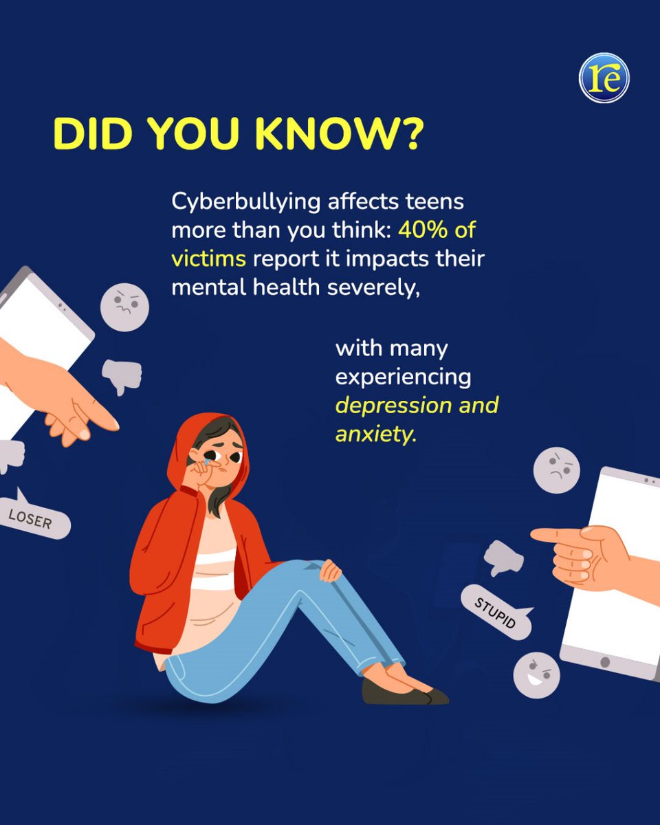 rethinkwords's tweet image. 🌐 Did you know?
40% of teens report that cyberbullying severely impacts their mental health, leading to anxiety and depression. Let's raise awareness and support those affected. 💙 #StopCyberbullying #MentalHealthMatters #SupportTeens #CyberbullyingPrevention