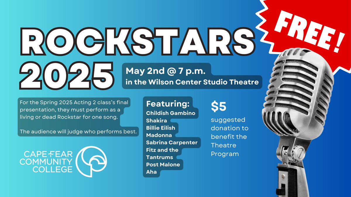 Jackimus1's tweet photo. My Acting 2 class @cfcc has their final exam, “Rockstars”
@wilsoncentercf Studio Theater next Friday, May 2nd. Its free. Yours truly is hosting. House opens at 6:30pm. Show at 7:00. https://t.co/rCsPnmIRlZ