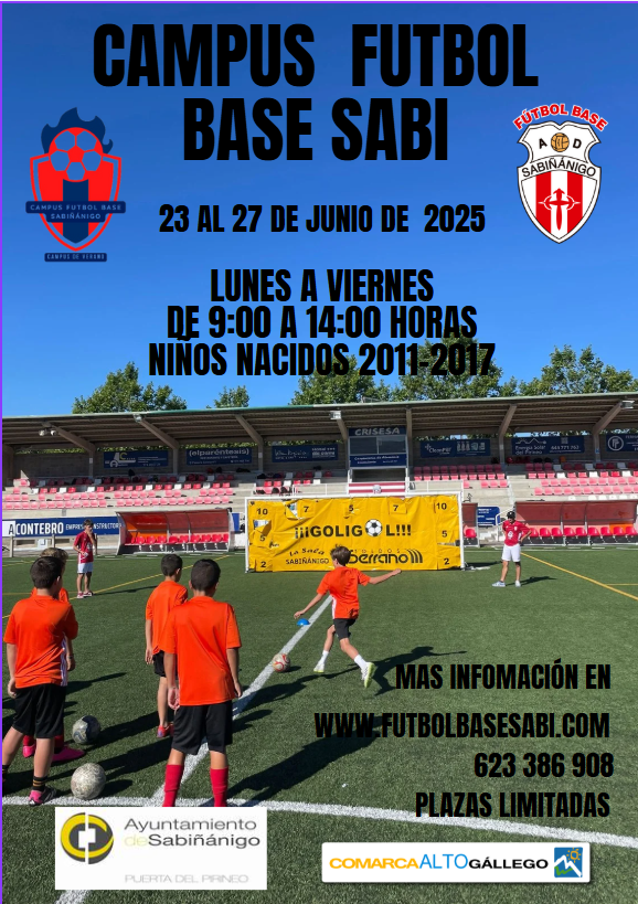 Ya puedes apuntar a tu hijo al Campus de Fútbol del Fútbol Base A.D. Sabiñánigo.  Del 23 al 27 de junio en un marco incomparable, con monitores formados y un ambiente estupendo.
+ info: futbolbasesabi.com/campus-fbs/cam…

¡Aúpa el Sabi!