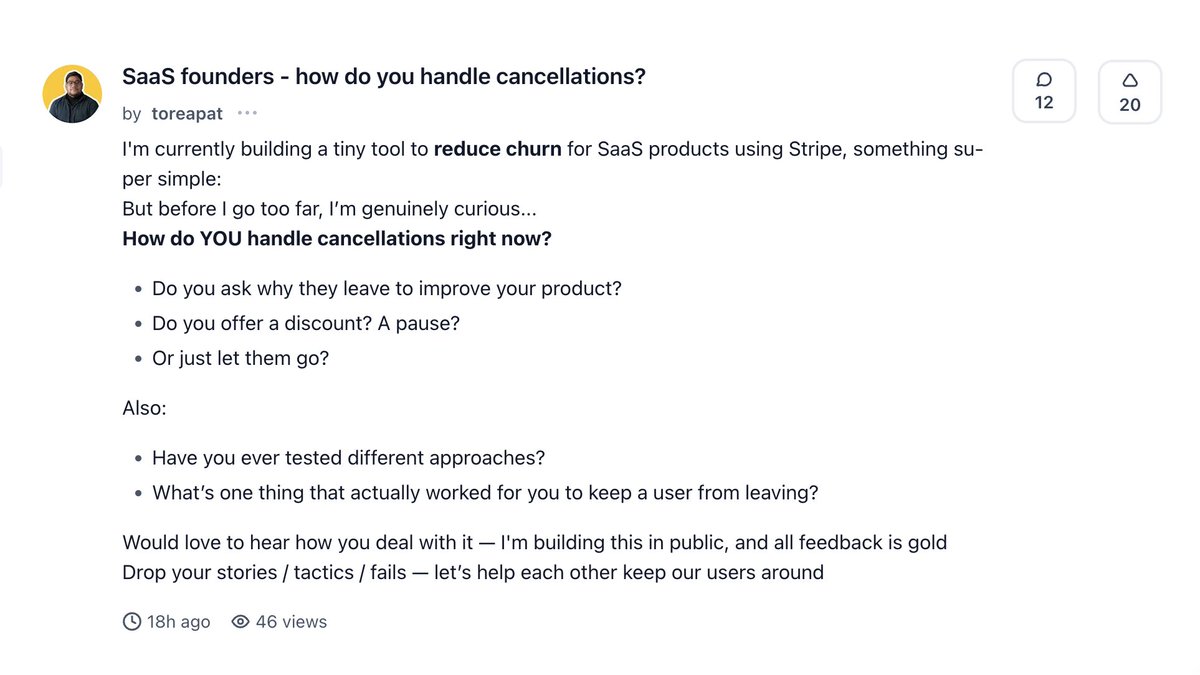 toreapat's tweet photo. Is Product Hunt a good place to validate an idea? 🤔

Today I posted mine:
46 views
→ 20 upvotes (43%)
→ 12 comments (26%)
→ 69% total engagement
All from CEOs &amp; Co-founders—my exact target, facing this exact pain. https://t.co/dd9FblEKeR