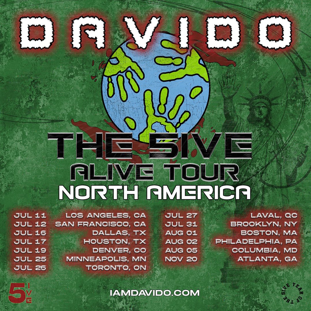 davido's tweet image. THE 5IVE ALIVE TOUR IS COMING ‼️ 5️⃣ 

Get ready for some very special guests. Presale begins Wednesday, April 30 at 10am local. 

Sign up for early access to presale tickets at: iamdavido.com/events/