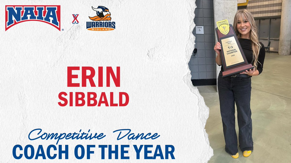 💃🕺
Congratulations to Erin Sibbald (<a href="/Midland_Sports/">Midland Warriors</a>), the 2025 #NAIADance Coach of the Year!
💻➡️ naia.prestosports.com/x/ksoxq