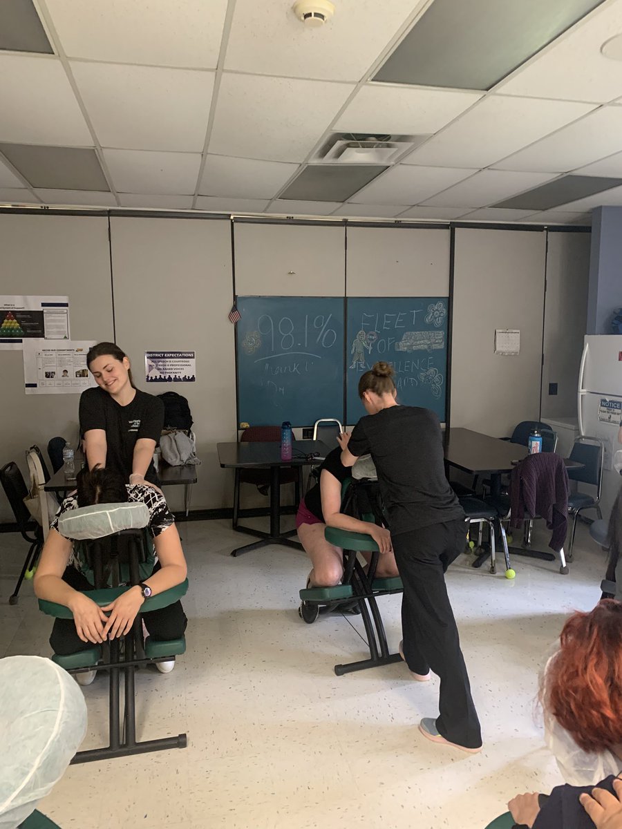 Focused on wellness with chair massages, courtesy of Wellsprings Massage School and enjoying relaxing activities in our temporary break room. 🧡 <a href="/cindybultemeier/">Cindy Bultemeier</a> <a href="/NKCSchools/">NKC Schools</a>