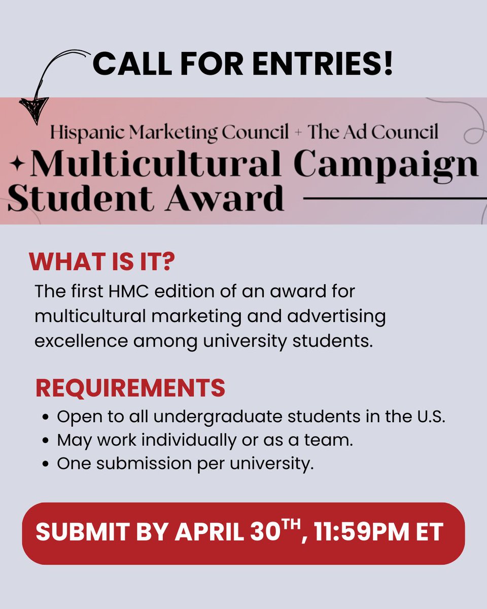 The time is now to submit for our first-ever student award for multicultural marketing and advertising excellence! We’re looking for bold, strategic campaigns that reflect the power of cultural insight. Submit your entry by April 30th! ⌛hispanicmarketingcouncil.org/awards/student…