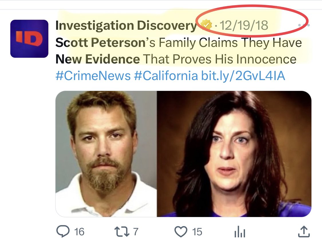 TabbyKent's tweet photo. @PerezHilton “New Evidence” since 2005. Every year there’s new evidence for Scott Peterson that ends up being false, twisted facts or fingers pointed at people w/ alibis. The media never reports what became of all that new evidence in the past. This new filing has 126 pages of Scott’s lies. https://t.co/8Pe9SJLd68