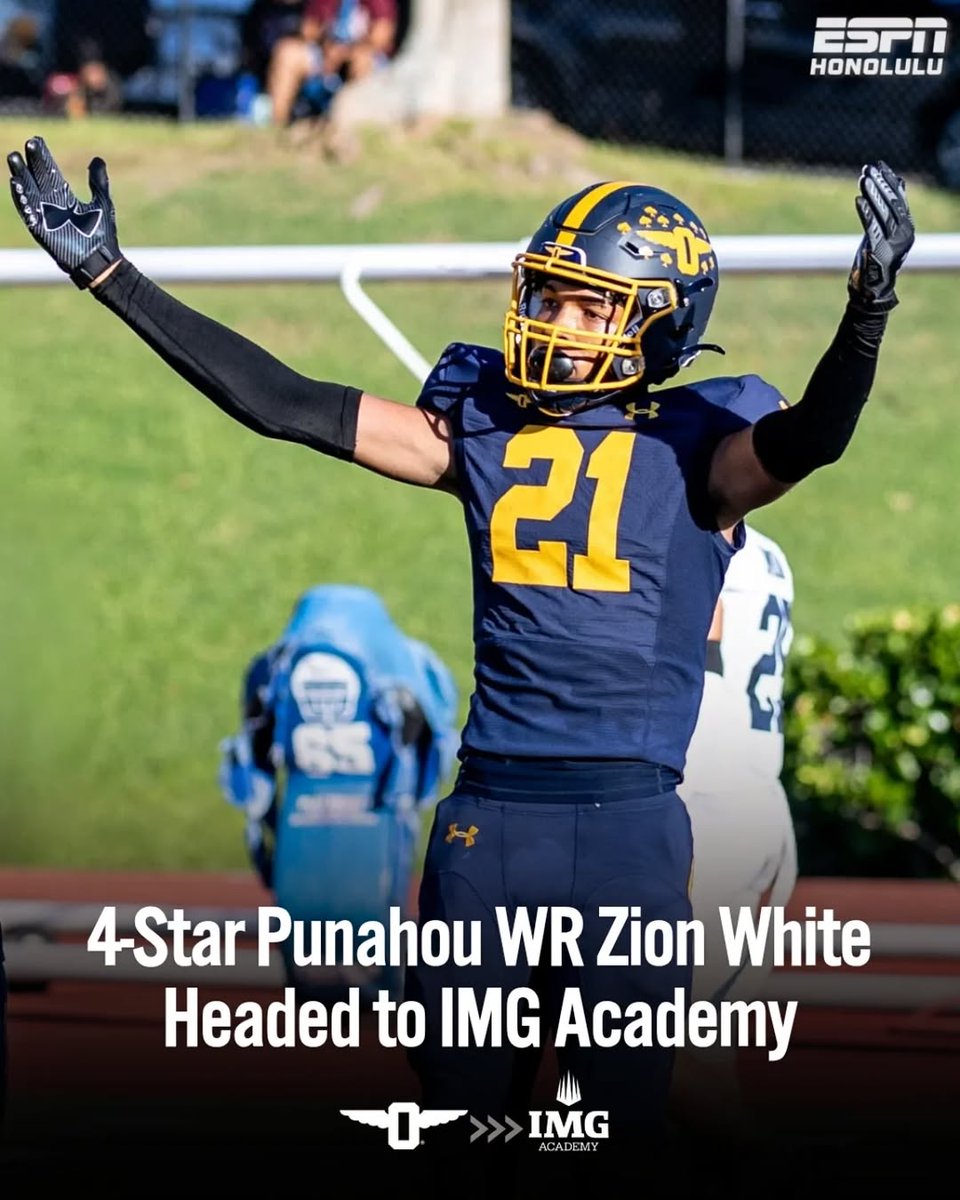 ESPN Honolulu (@espnhonolulu) on Twitter photo BREAKING: Punahou 4⭐️ WR <a href="/ZionWhite_21/">Zion White</a> is transferring to <a href="/IMGAcademy/">IMG Academy</a>.
The 6’4” two-sport star was Hawaii’s State Player of the Year in basketball and caught 42 passes for 680 yds & 7 TDs last season. BREAKING: Punahou 4⭐️ WR <a href="/ZionWhite_21/">Zion White</a> is transferring to <a href="/IMGAcademy/">IMG Academy</a>.
The 6’4” two-sport star was Hawaii’s State Player of the Year in basketball and caught 42 passes for 680 yds & 7 TDs last season.