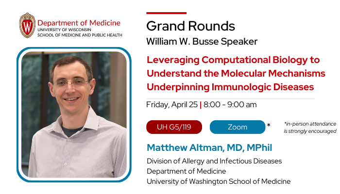 University of Wisconsin Department of Medicine (@uw_medicine) on Twitter photo Tomorrow's Grand Rounds features Matthew Altman, MD, MPhil, <a href="/UWDeptMedicine/">UW Department of Medicine</a>, presenting "Leveraging Computational Biology to Understand the Molecular Mechanisms Underpinning Immunologic Diseases." Join us!
Details: medicine.wisc.edu/grand-rounds Tomorrow's Grand Rounds features Matthew Altman, MD, MPhil, <a href="/UWDeptMedicine/">UW Department of Medicine</a>, presenting "Leveraging Computational Biology to Understand the Molecular Mechanisms Underpinning Immunologic Diseases." Join us!
Details: medicine.wisc.edu/grand-rounds