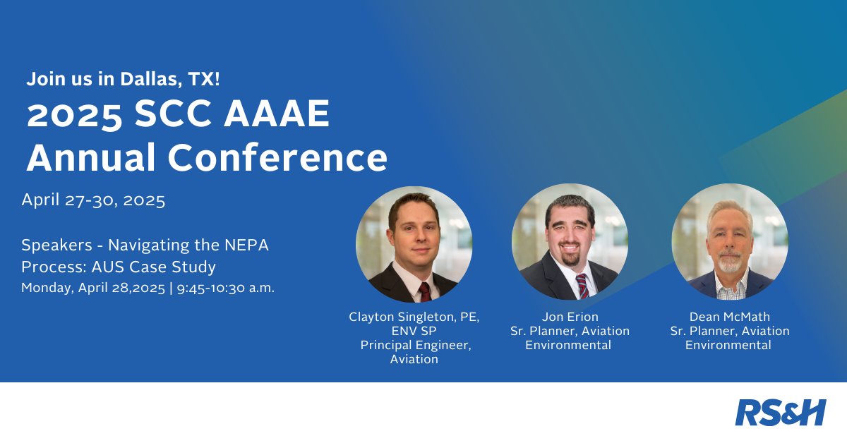 Meet our team at the 2025 SCC AAAE Annual Conference in Dallas from April 27-30! 

Monday, April 28th – 9:45-10:30 a.m. - Navigating the NEPA Process: AUS Case Study

We look forward to connecting with you in Dallas! 
#Aviation #NEPA #SCCAAAE #JourneywithAUS #driventocare