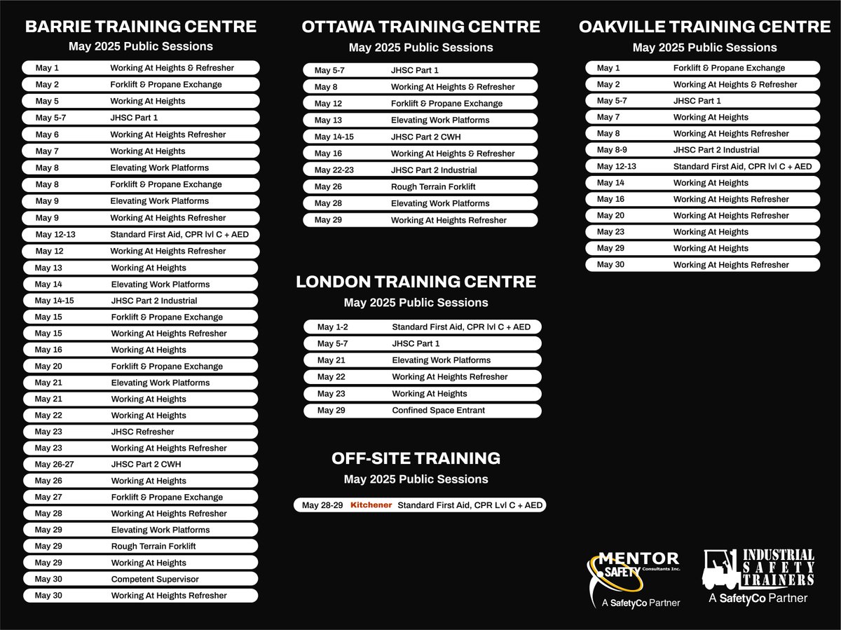 🚨 May Safety Training Alert! 🚨

Get ready for our upcoming public safety training sessions this May—with locations in Barrie, London, Ottawa, and across the GTA.

Visit istcanada.ca, call 1-800-219-8660 or email hello@istcanada.ca to book a spot today!