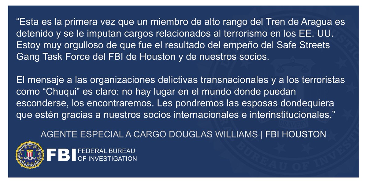 miFBIHouston's tweet image. #NOTICIAS Detienen a un miembro de alto rango del Tren de Aragua en Colombia gracias al Safe Streets Task Force del FBI de Houston. Se le imputan cargos relacionados con el terrorismo en EE. UU. a José Enrique “Chuqui” Martínez Flores. 🙌 @DEAHoustonDiv justice.gov/usao-sdtx/pr/h…