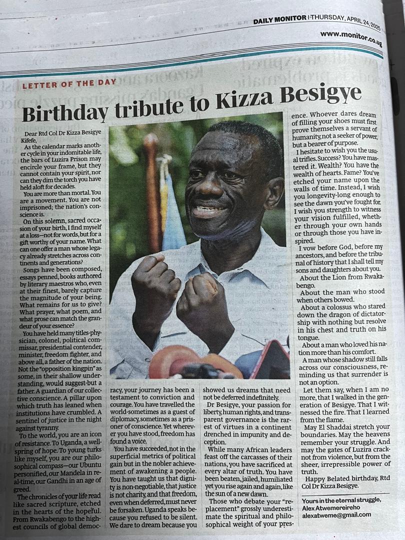 alexatweme's tweet image. Thank you to the @DailyMonitor for capturing my tribute to Rtd. Col. Dr. @kizzabesigye1. @1212Gemma @Iamturyamusiima @KwikirizaNova @AaronKaviiri @DavidLRubongoya @KakwenzaRukira @joshjeje2 @AgoraCFR @htuhairwe @IngridTurinawe @benj_amin11 @Jacob_K2musiime @That_Politician