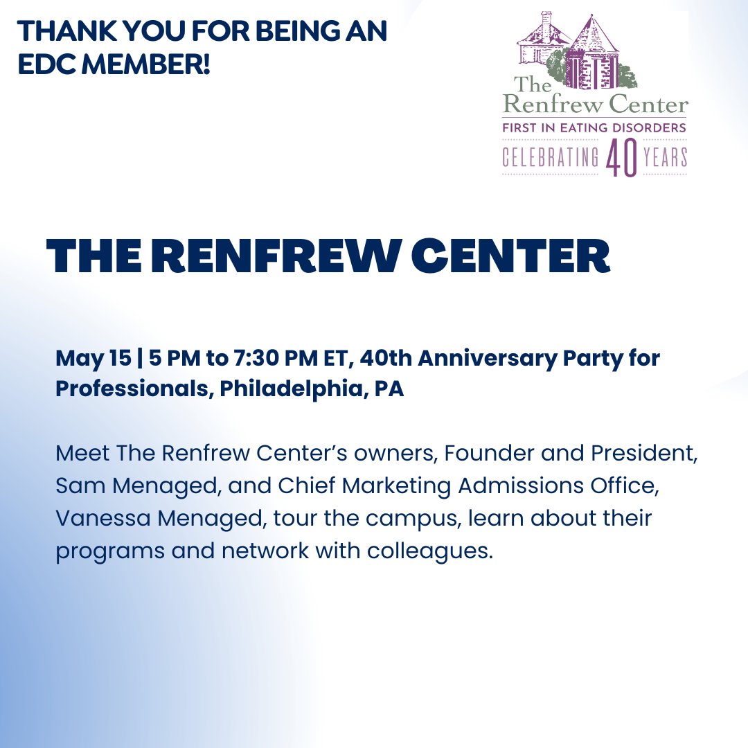 Our member @renfrewcenter is throwing a party! 🎉

Join them in Philadelphia on May 15 to celebrate 40 years of treatment and care for the eating disorders community.

Register here: ow.ly/6XVq50VH1ng