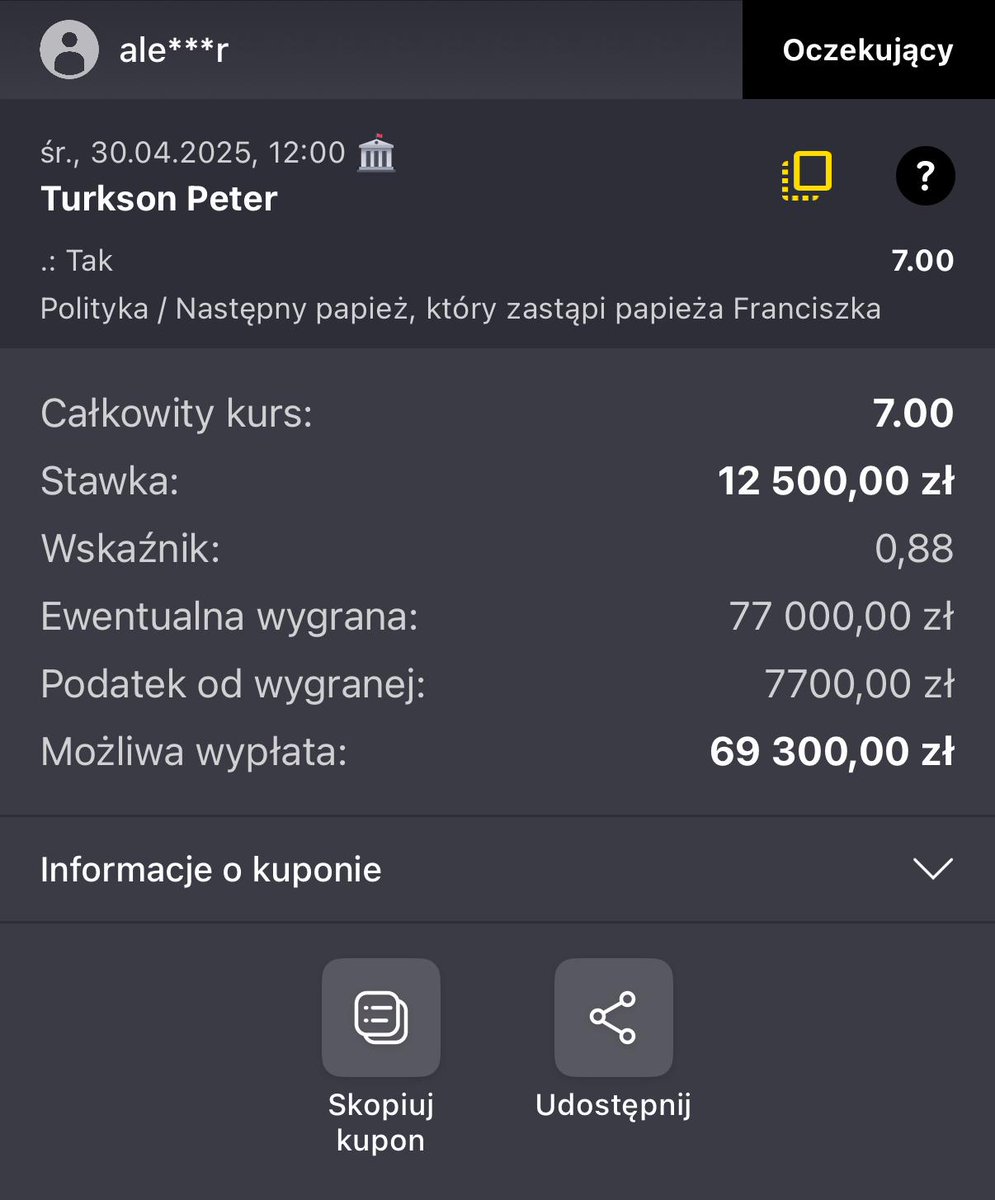 mnovvak's tweet photo. 💥 W Fortunie przyjęliśmy dziś zakład za 12 500 zł po kursie 7.00 na to, że nowym papieżem zostanie Peter Turkson!
Ktoś naprawdę wierzy, że Afrykanin – kardynał z Ghany – zostanie następcą św. Piotra!
Proroczo?
KUPON -> https://t.co/MLwsyPwnXJ
#konklawe #papież #Turkson @eFortunapl