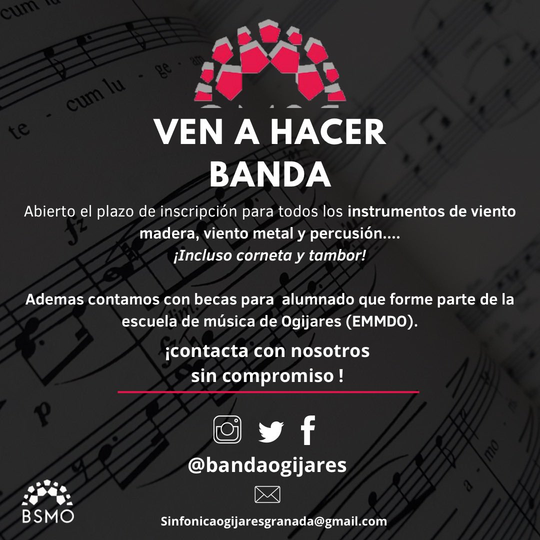 ¡Ya está abierto el plazo de inscripción para unirte a la Banda Sinfónica Municipal de Ogijares!
Escríbenos sin compromiso!!