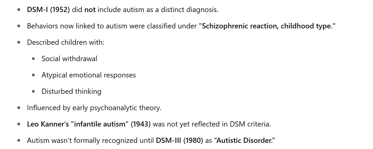 Thawboy (@robdawg925) on Twitter photo DSM-I was published in 1952—and had no official diagnosis for autism.
Kids showing autistic traits were often labeled with “schizophrenic reaction, childhood type.”
Autism didn’t get formal recognition until the DSM-III in 1980.
<a href="/RobertKennedyJr/">Robert F. Kennedy Jr</a> things that make you go🤔 DSM-I was published in 1952—and had no official diagnosis for autism.
Kids showing autistic traits were often labeled with “schizophrenic reaction, childhood type.”
Autism didn’t get formal recognition until the DSM-III in 1980.
<a href="/RobertKennedyJr/">Robert F. Kennedy Jr</a> things that make you go🤔