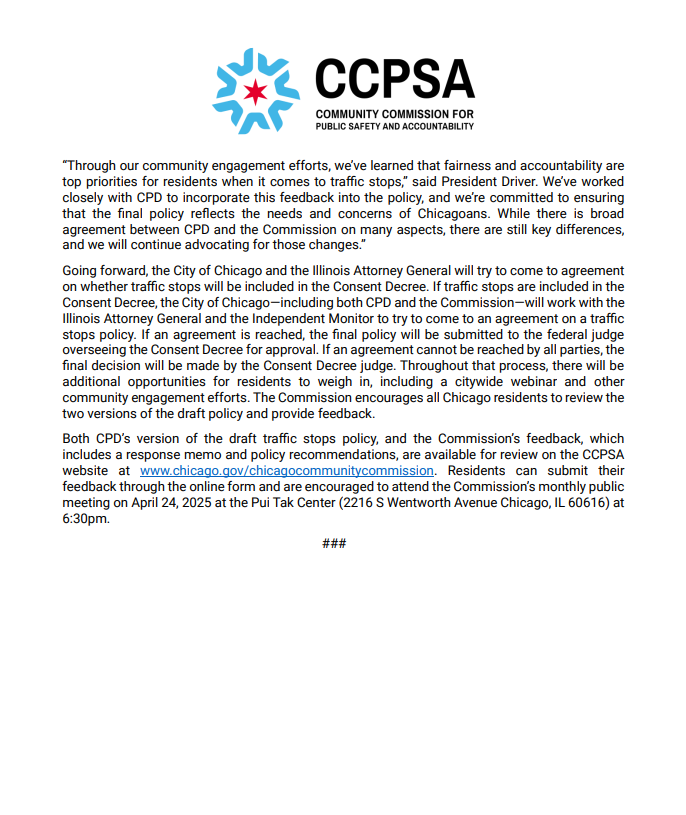 CCPSA_Chicago (@ccpsa_chicago) on Twitter photo Today, the Community Commission for Public Safety and Accountability (CCPSA) and the <a href="/Chicago_Police/">Chicago Police</a> released draft versions of a Traffic Stops policy, now available for public review and comment on the CCPSA website.
chicago.gov/city/en/depts/… Today, the Community Commission for Public Safety and Accountability (CCPSA) and the <a href="/Chicago_Police/">Chicago Police</a> released draft versions of a Traffic Stops policy, now available for public review and comment on the CCPSA website.
chicago.gov/city/en/depts/…