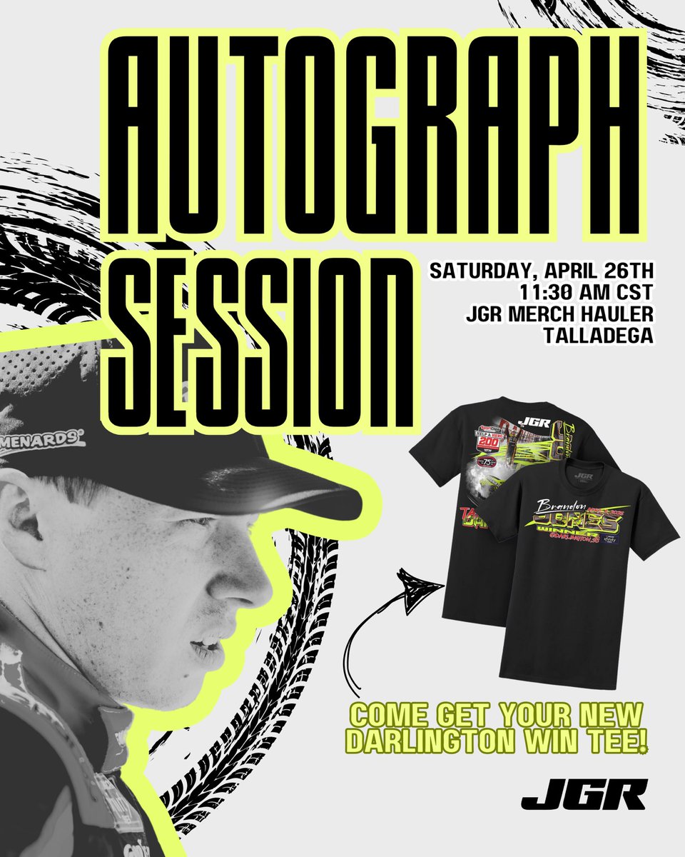 Joe Gibbs Racing (@joegibbsracing) on Twitter photo ✍️🚨AUTOGRAPH SESSION🚨✍️
Come meet <a href="/BrandonJonesRac/">Brandon Jones</a> at the JGR Merch hauler this Saturday at 11:30 AM CST!
Check out our new Darlington win shirt while you’re at it! ✍️🚨AUTOGRAPH SESSION🚨✍️
Come meet <a href="/BrandonJonesRac/">Brandon Jones</a> at the JGR Merch hauler this Saturday at 11:30 AM CST!
Check out our new Darlington win shirt while you’re at it!