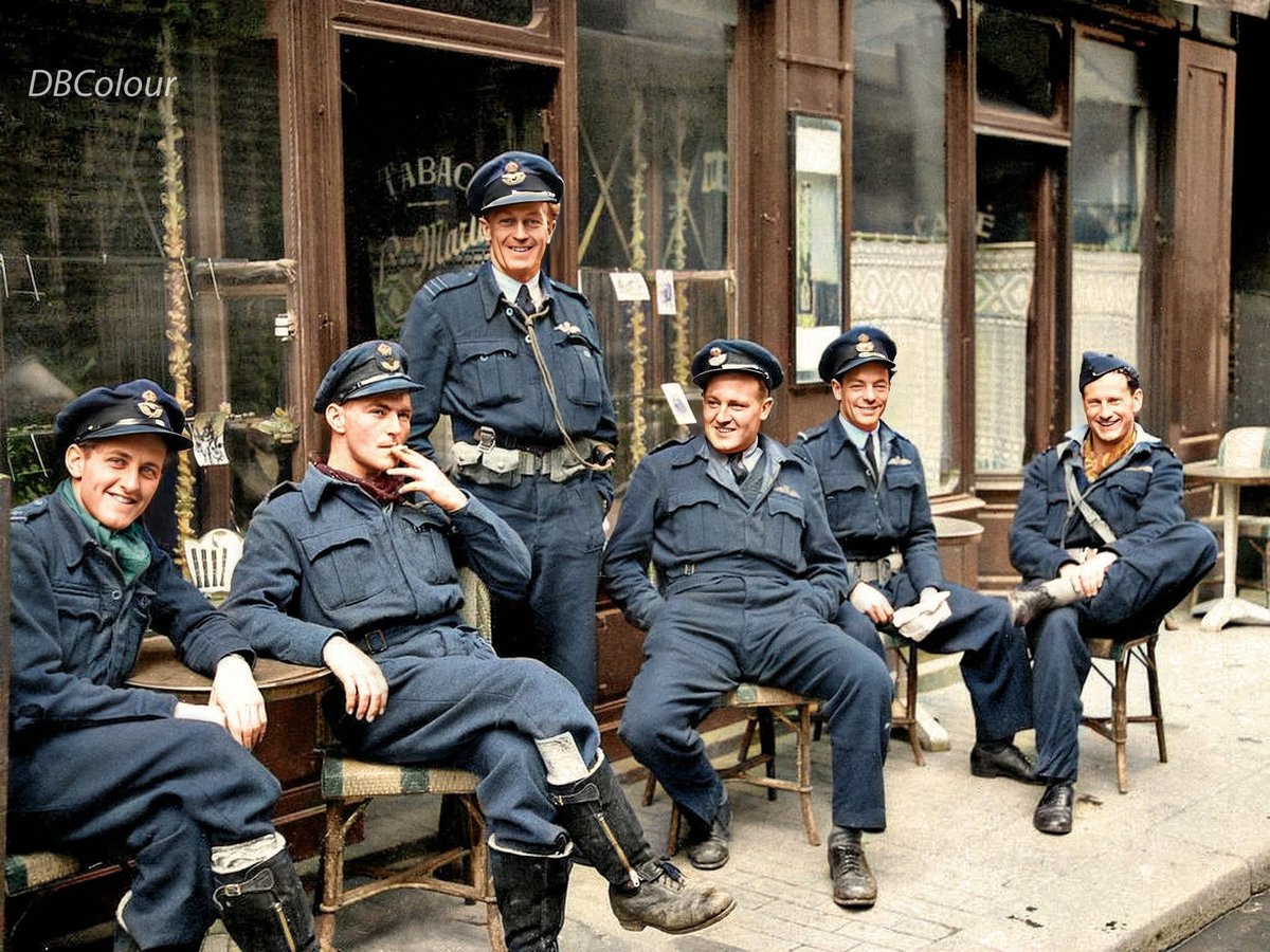 colour_history's tweet image. Pilots of 453 Squadron RAAF relaxing outside of a cafe in Bayeax, France. July 1944.
l-r: F/O J F Olver, F/O K E Lawrence, S/Ldr D H Smith, F/Lt Vern A Lancaster, F/O Michael West and F/Lt Pat V McDade (POW 26/7/44)
(Image - Australian War Memorial)