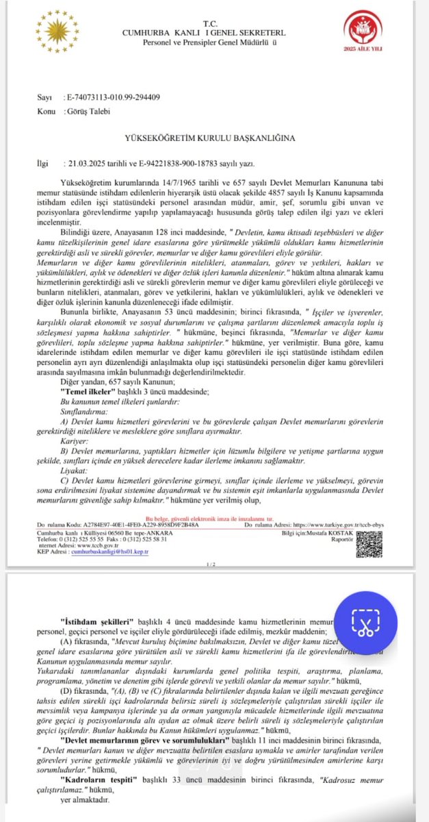 İşçi Statüsündeki Personel Memura Amir Olarak Görevlendirilemeyecek!

Kurum İdari Kurul Toplantısında gündeme taşıyıp müzakere ettiğimiz;
Ayrıca, yazılı başvurumuza istinaden,
YÖK tarafından, Cumhurbaşkanlığı Genel Sekreterliğinden görüş istenilen bir konu daha vuzuha ve çözüme