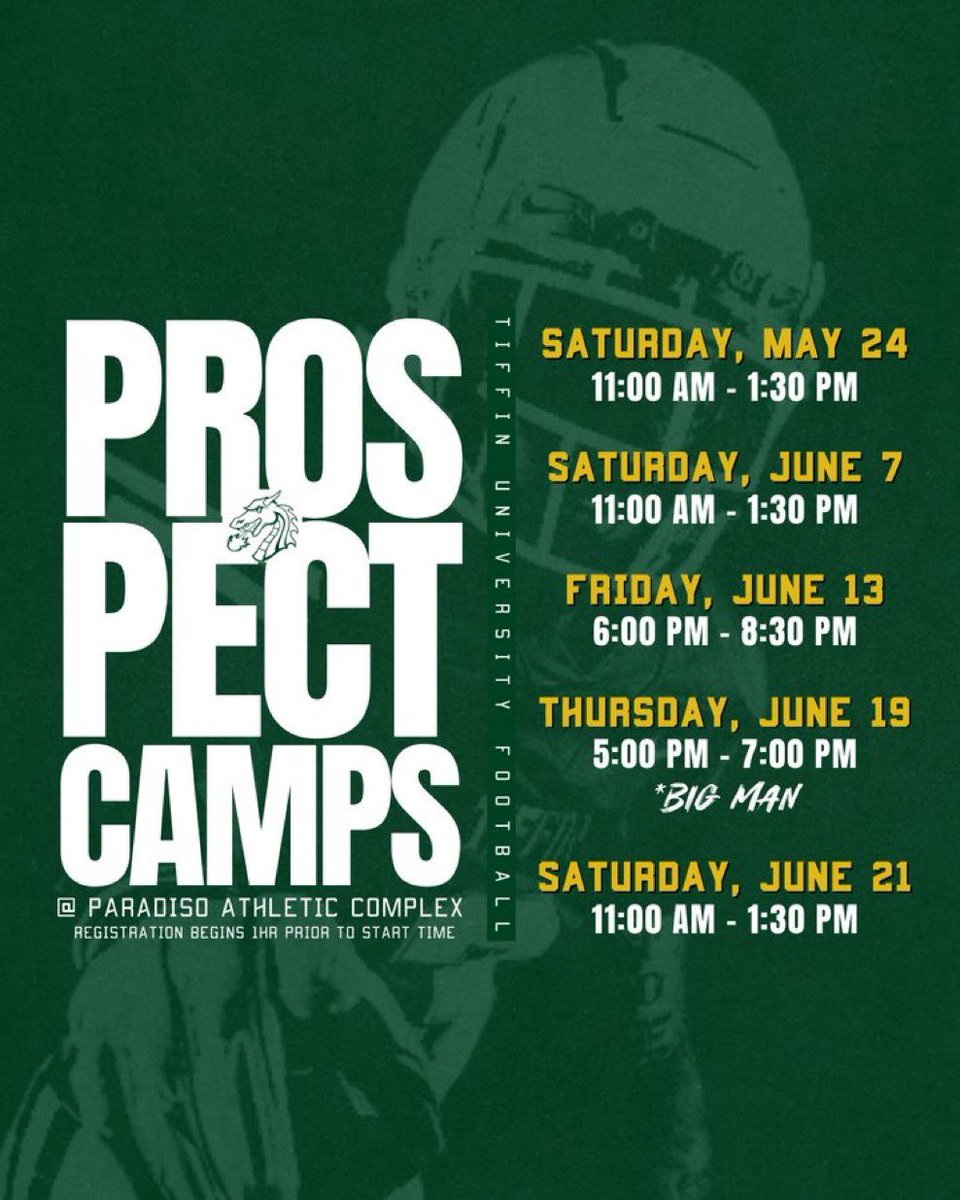 Tiffin University Football (@tudragonfb) on Twitter photo 🚨🚨ONE MONTH OUT🚨🚨
ALL HIGH SCHOOL ATHLETES!
Come camp with <a href="/TUDragonFB/">Tiffin University Football</a> this summer!
Sign up today to secure your spot!
#GRIND 🐲
tiffinfootball.totalcamps.com 🚨🚨ONE MONTH OUT🚨🚨
ALL HIGH SCHOOL ATHLETES!
Come camp with <a href="/TUDragonFB/">Tiffin University Football</a> this summer!
Sign up today to secure your spot!
#GRIND 🐲
tiffinfootball.totalcamps.com