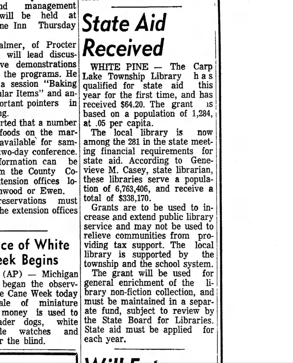 LibraryofMich's tweet image. #ThrowbackThursday Michigan has provided state aid funding to #MiLibraries since 1937. Although the process has changed over time, this a snapshot for how it worked in 1967.
📰: 4/24/1967 Ironwood Daily Globe p. 3
