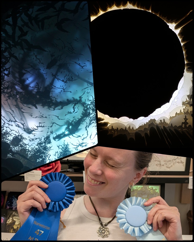 Corona Bound won first place Judges' Choice and Ancestor's Cove won best in show People's Choice at the Norwescon 47 art show this last weekend! In addition to that, I'm so happy that Ancestor's Cove also found its forever home. Can't wait for next year!