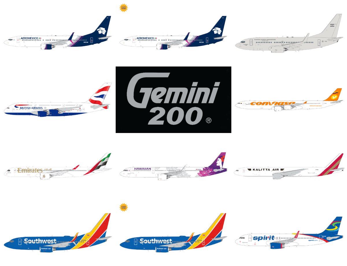 TAKEOFF! Gemini200 1:200-scale April-May: <a href="/Aeromexico/">Aeroméxico</a> 737-800, Fuerza Aérea Argentina 737-700, <a href="/British_Airways/">British Airways</a> A380, Conviasa A340-600, <a href="/emirates/">Emirates</a> A350-900, <a href="/HawaiianAir/">Hawaiian Airlines</a> A321neo, Kalitta Air 777-300ERF, <a href="/SouthwestAir/">Southwest Airlines</a> 737-700, <a href="/SpiritAirlines/">Spirit Airlines</a> A320. Visit geminijets.com