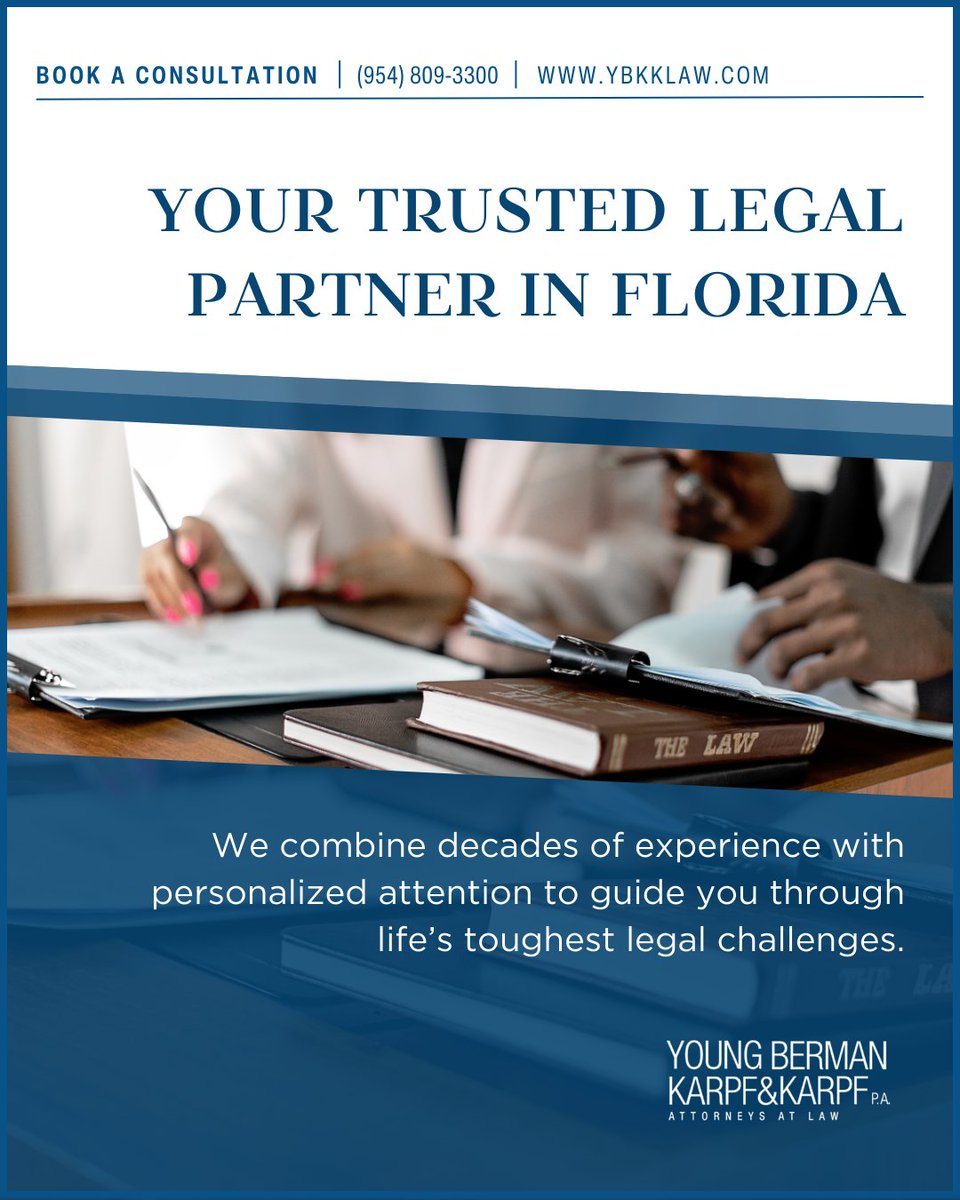 FlaFamilyLaw's tweet photo. At Young Berman Karpf &amp; Karpf, we combine decades of experience with personalized service. Whether it’s family law or business matters, we’re here to guide you with care and confidence. ⚖✨
#FamilyLaw #FloridaLaw #YBKKLaw https://t.co/J7uXQV6tml