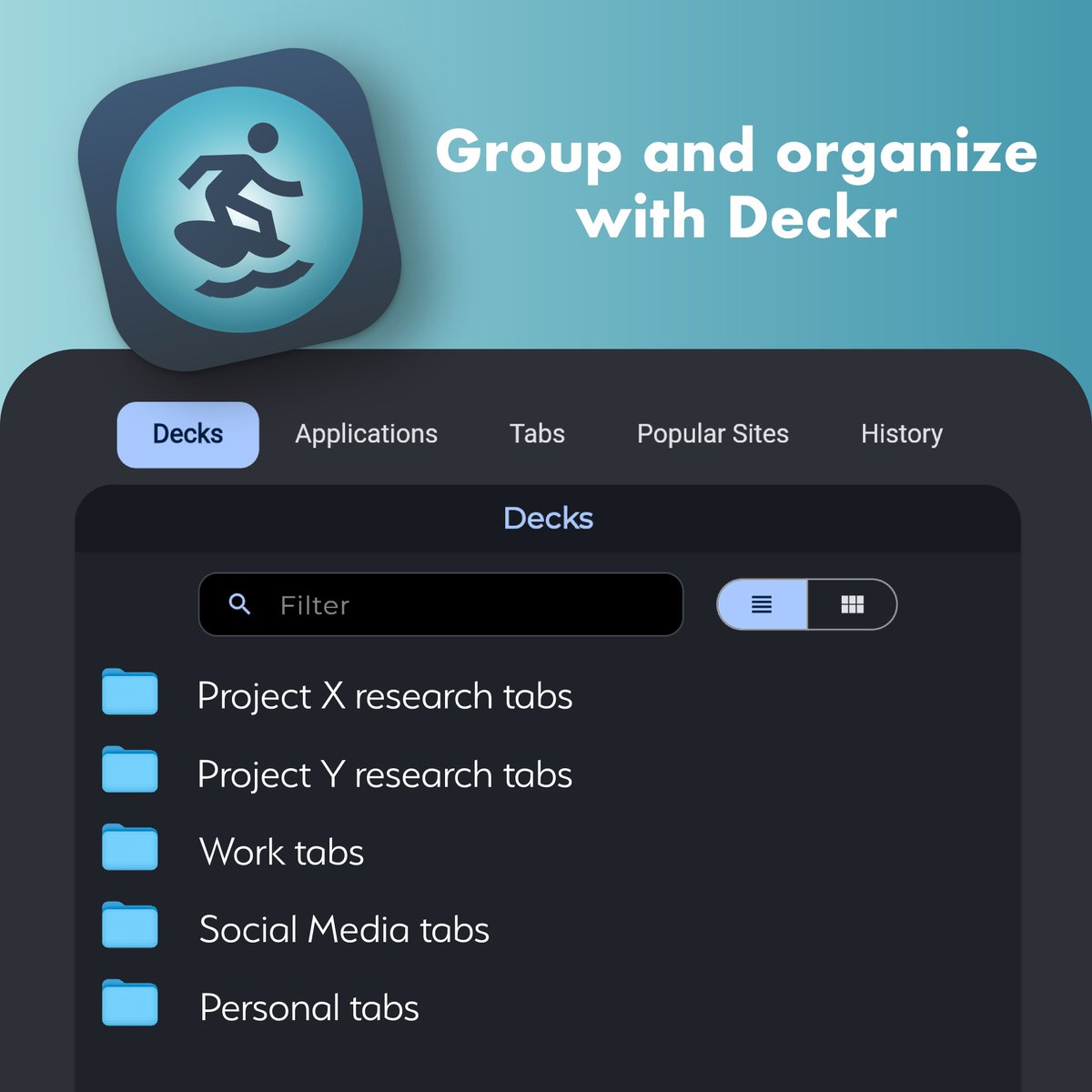 Tired of tab chaos in your browser? Meet Deckr — the smart way to group and organize your tabs. 📁 Whether it's research, work, or social media, Deckr lets you create custom decks to keep everything neat and under control. Try it out and take control of your digital life.