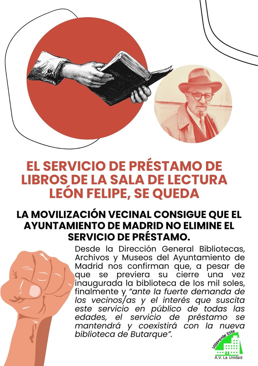 📚✨ ¡VICTORIA VECINAL!
Gracias a la movilización, el servicio de préstamo de libros de la Sala de Lectura León Felipe NO SE CIERRA

La Dirección General de Bibliotecas de <a href="/MADRID/">Ayuntamiento Madrid</a> lo ha confirmado 

La unión vecinal demuestra que organizarse sirve! 💪📖
