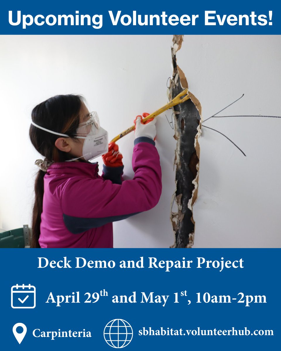 Sign up today!! We have two volunteer days coming up NEXT WEEK and we need your help! Help us demo a deck in Carpinteria so it can be repaired. Sign up at: sbhabitat.volunteerhub.com/vv2/