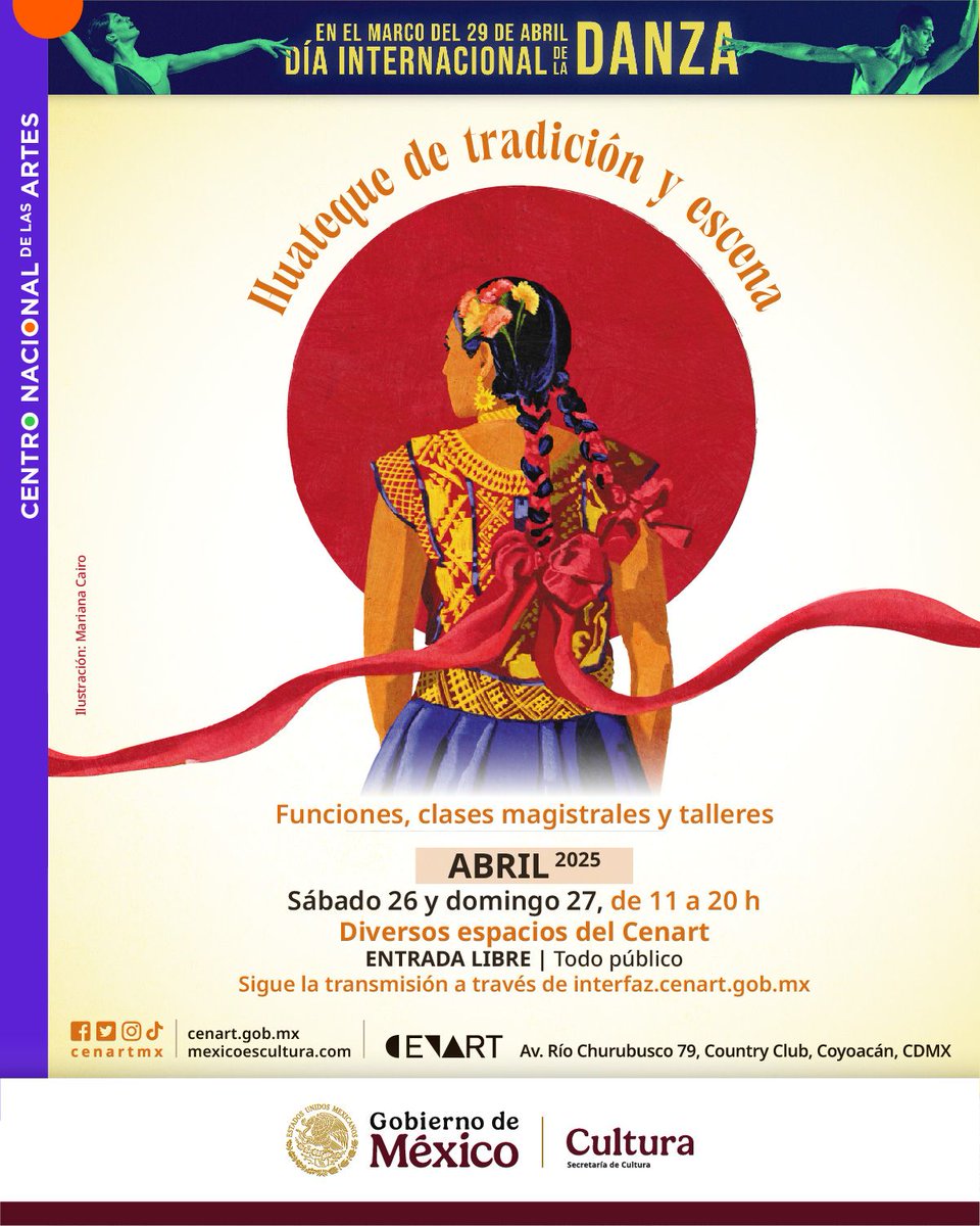 Recomendación de danza:
HUATEQUE DE TRADICIÓN Y ESCENA
🕺 El CENART te invita a disfrutar la programación que se presenta en torno al día internacional de la danza 💃 los días 26 y 27 de abril con entrada libre. Más información: bit.ly/4lQx37W
#CENART #CulturaUIC
