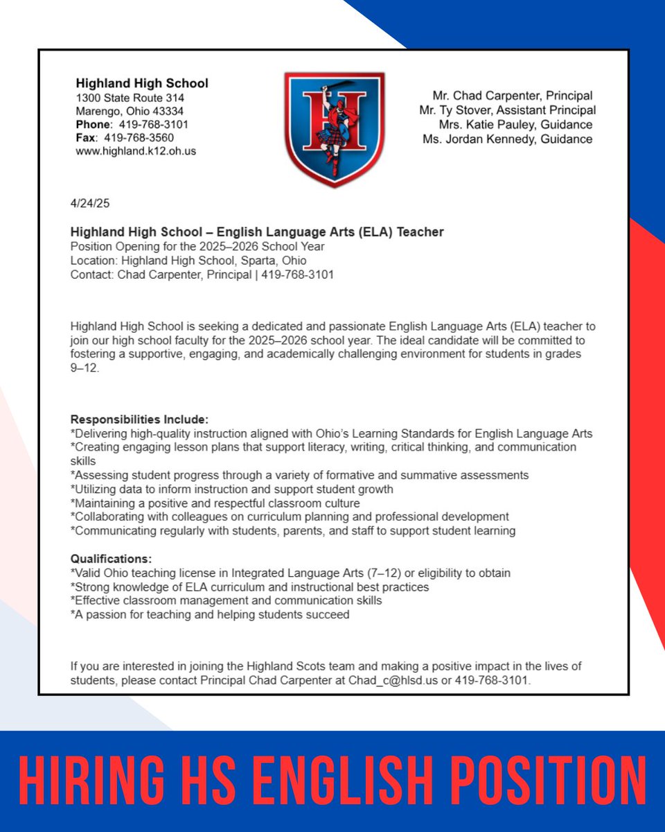 Highland High School is seeking a dedicated and passionate English Language Arts (ELA) teacher to join our high school faculty for the 2025–2026 school year! 
<a href="/nate_huffman4/">Nate Huffman</a>