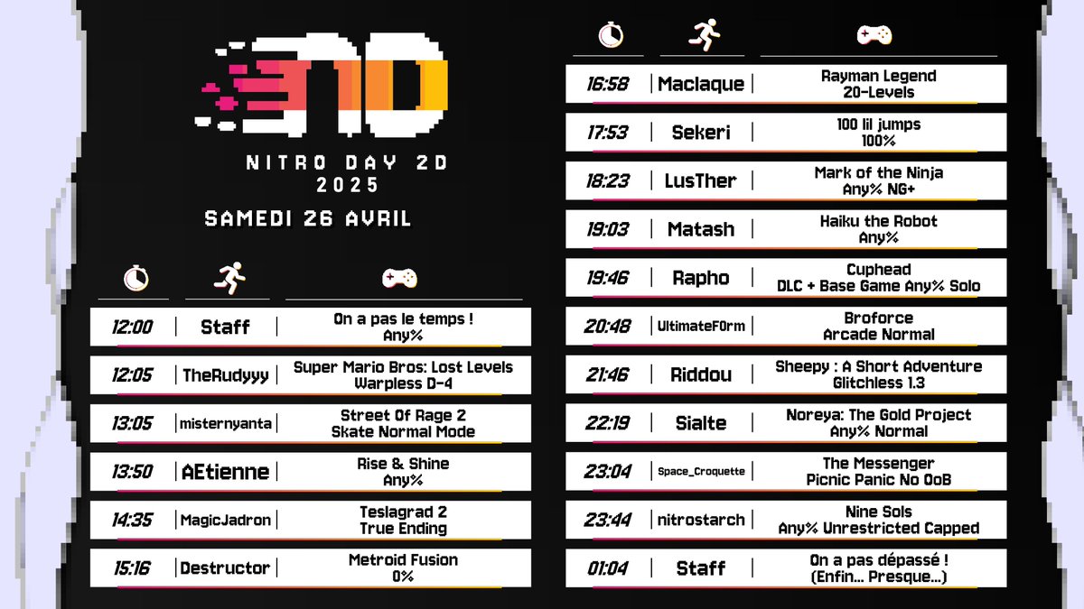 📢📢 Oyez oyez, Nitro Day 2D c'est demain à 12H00. On se retrouve pour 12h de speedrun sur les jeux 2D et ça va être incroyable !
On vous attend nombreux !
