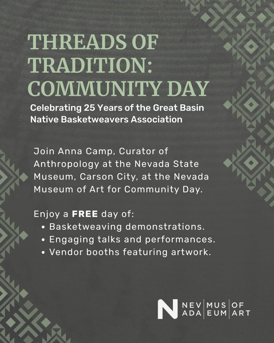 Celebrate Native American heritage and Great Basin basketweaving traditions <a href="/Nevada/">Nevada News</a> Museum of Art! This must-see FREE event is a celebration planned by the Great Basin Native Basketweavers Association and presented at the Nevada Museum of Art. Learn more: nevadaart.org/event/threads-…