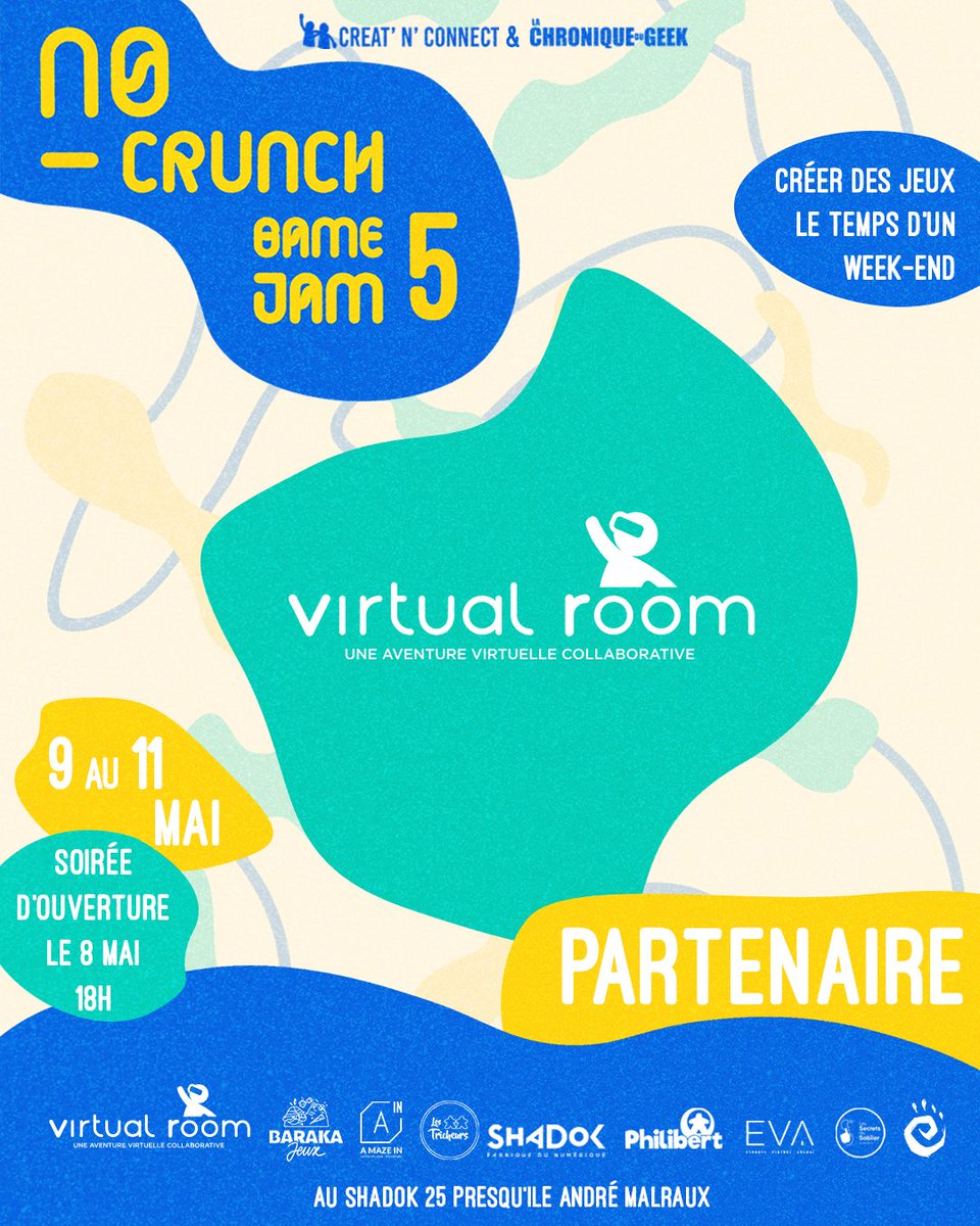 🕹️ Virtual Room

🎮✨ NO CRUNCH GAME JAM – C’est reparti ! ✨🎮

PARTENAIRE :
<a href="/VirtualRoomFR/">Virtual Room</a> 
À l'intersection des escape games et du cinéma, embarquez pour une aventure virtuelle alliant résolution d'énigmes, communication et travail d'équipe. 
Tout pour les passionné·e·s 🎮