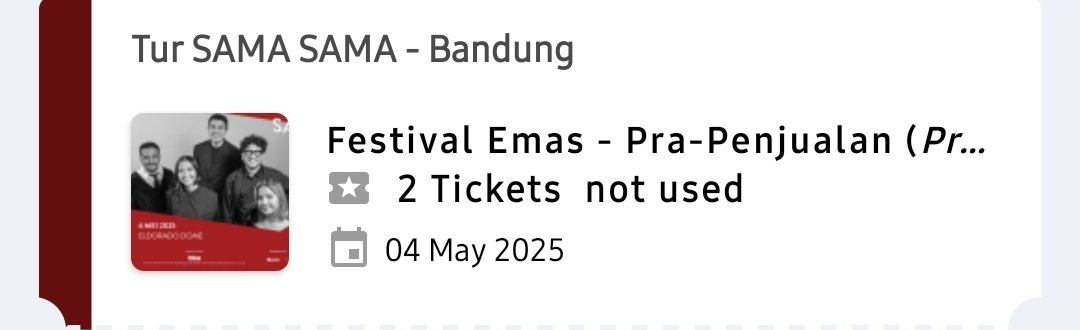 Dijual Tiket Festival Emas Konser Sama Sama Tur Bandung, di Eldorado, 4 Mei 2025. Dijual karena temanku g jadi nonton. Mksh. 

#WTS #WANTTOSELL #samasamatur #samasama #tulus #kuntoaji #salprdiadi #idgitaf #dere 
#samasama