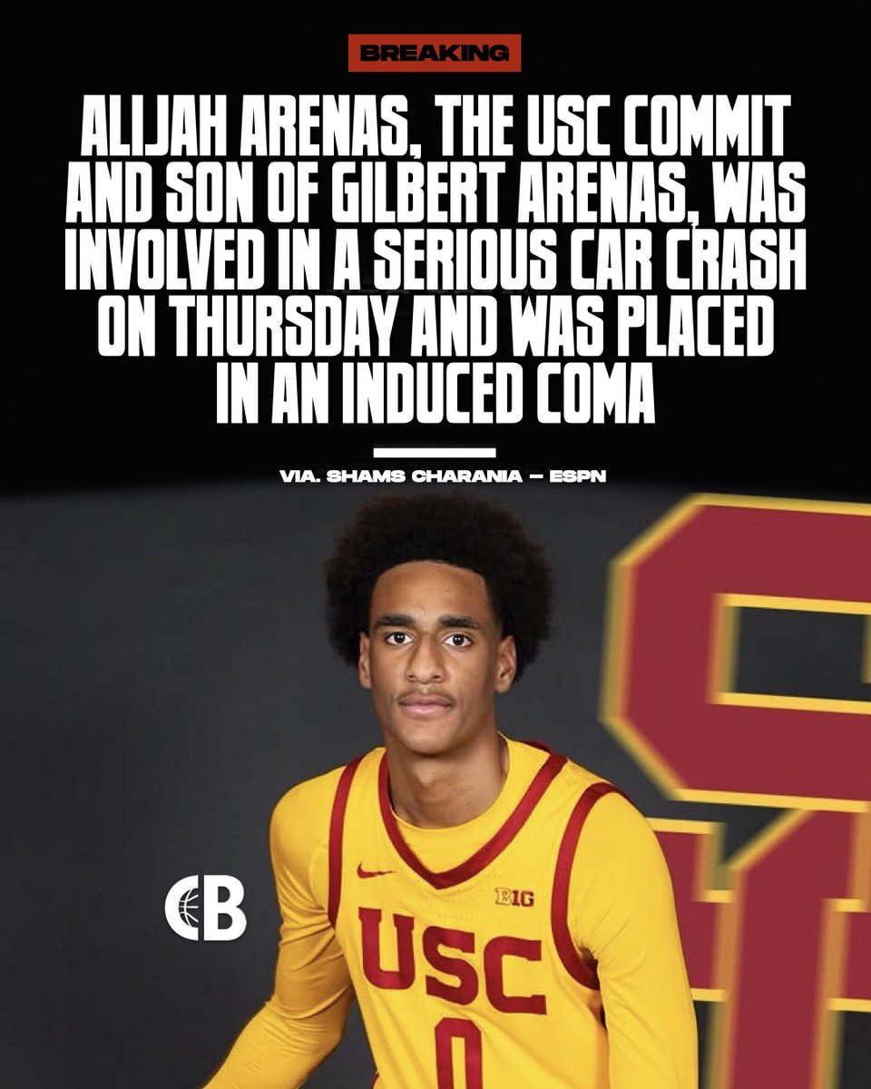 CourtsideBuzzX's tweet photo. BREAKING: Alijah Arenas, the 18 year old USC commit &amp; son of Gilbert Arenas, was involved in a serious car crash on Thursday &amp; was placed in an induced coma. 

Prayers up for Alijah Arenas ❤️🙏 https://t.co/LkBwjMY2tO