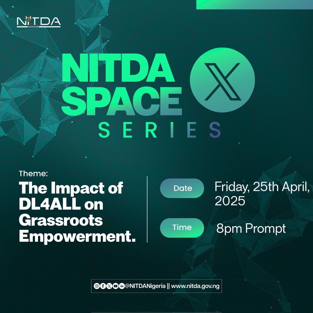 NITDANigeria's tweet image. Join us tomorrow on #NITDAxSpace as we spotlight "The Impact of #DL4ALL on Grassroots Empowerment".

We’ll explore how the Digital Literacy for All (DL4ALL) initiative is transforming lives at the community level, unlocking opportunities, boosting skills, and bridging the digital