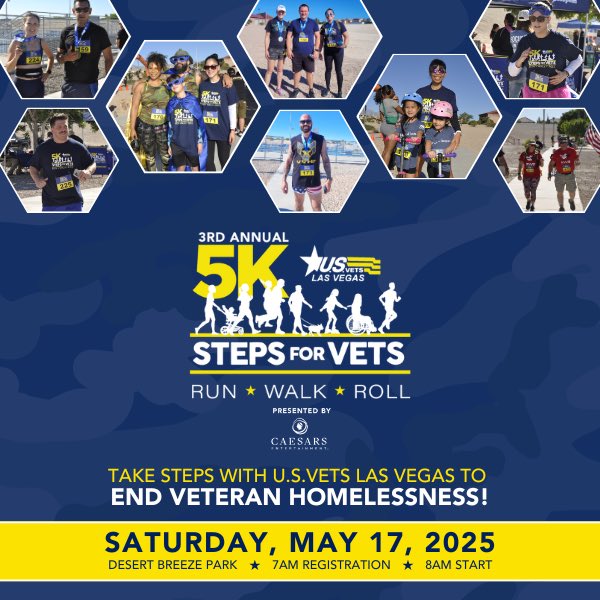 931TheMountain's tweet image. Join us for the 3rd Annual Steps for Vets 5K with @usvetslv on Saturday, May 17 at Desert Breeze Park!

7 AM reg | 8 AM race ⏰👟
Walk, run, or roll to help end veteran homelessness 🇺🇸

Register: honor.usvets.org/2025-StepsforV…

#StepsForVets #931TheMountain #SupportOurVets
