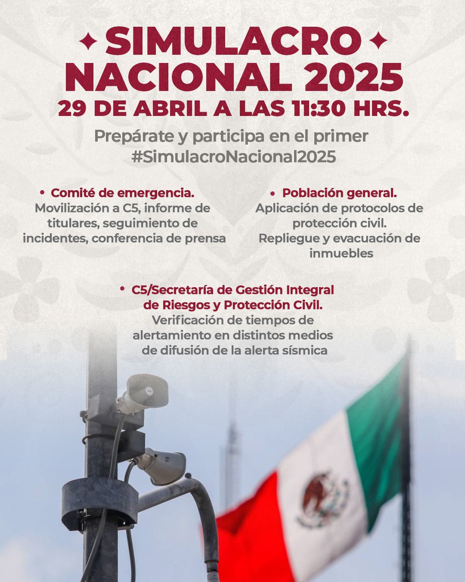 ClaraBrugadaM's tweet photo. Les recuerdo que el #MegaSimulacro se llevará a cabo el próximo 29 de abril a las 11:30 hrs. Este ejercicio es fundamental para reforzar nuestras capacidades de respuesta ante situaciones de emergencia. Participen con su familia, vecinos y comunidad.
Juntas y juntos, podemos construir una ciudad más segura y resiliente.
#CapitalDeLaTransformación