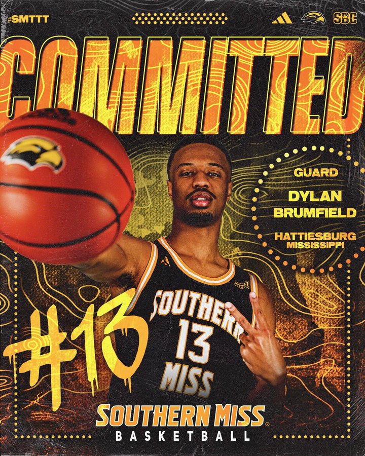 CONGRATULATIONS to <a href="/brumfielddylan2/">Dylan Brumfield</a> on his commitment to <a href="/miss_basketball/">Southern Miss Basketball</a> 

Senior year averages:
16 ppg, 4.9 rpg, 4.5 apg

College career stats:
1400+ points
540+ rebounds
430+ assists

Thank you for your dedication to our program. We wish you many blessings on your journey!