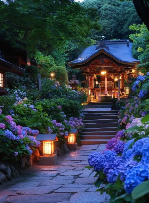 青い紫陽花に囲まれた伝統的な日本の木のドアに、提灯があたたかな光を放ち、まるで別の世界へ行っているようです。その中を歩きたくなるような、静かでロマンチックな風景です。あなたもこのような場所に行きたいですか?#日本の風情#紫陽花#夜景の美しさです🌈
