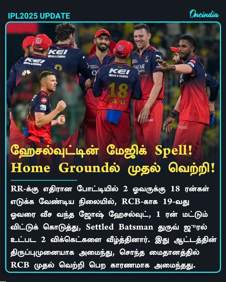 thatsTamil's tweet photo. ஹேசல்வுட்டின் மேஜிக் Spell! Home Groundல் முதல் வெற்றி!

#IPL2025 #IPLWithOneIndia #IPLTurningPoint #JoshHazlewood #TamilOneIndia https://t.co/mCc2lIW4AZ