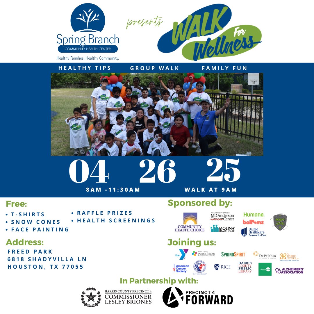 Let’s Get Moving! 🚶‍♂️🎉 Join the Spring Branch Community Health Center at Freed Park this weekend for a fun-filled day of activities, games, and prizes—all while celebrating health and wellness with family and friends. Sign up here: bit.ly/43mdxZY